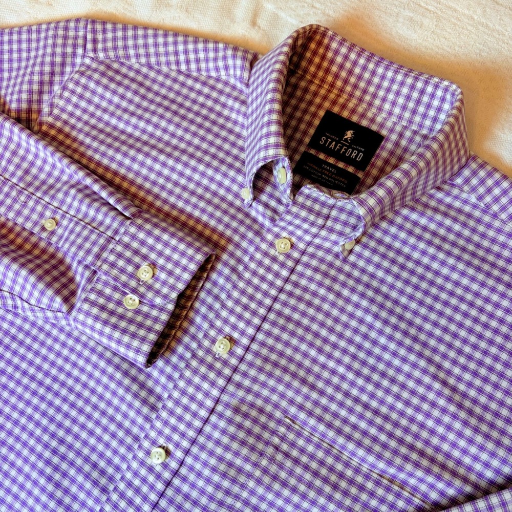 Stafford Travel Mens Purple Gingham Wrinkle Free Oxford Shirt 15.5 32-33 Regular